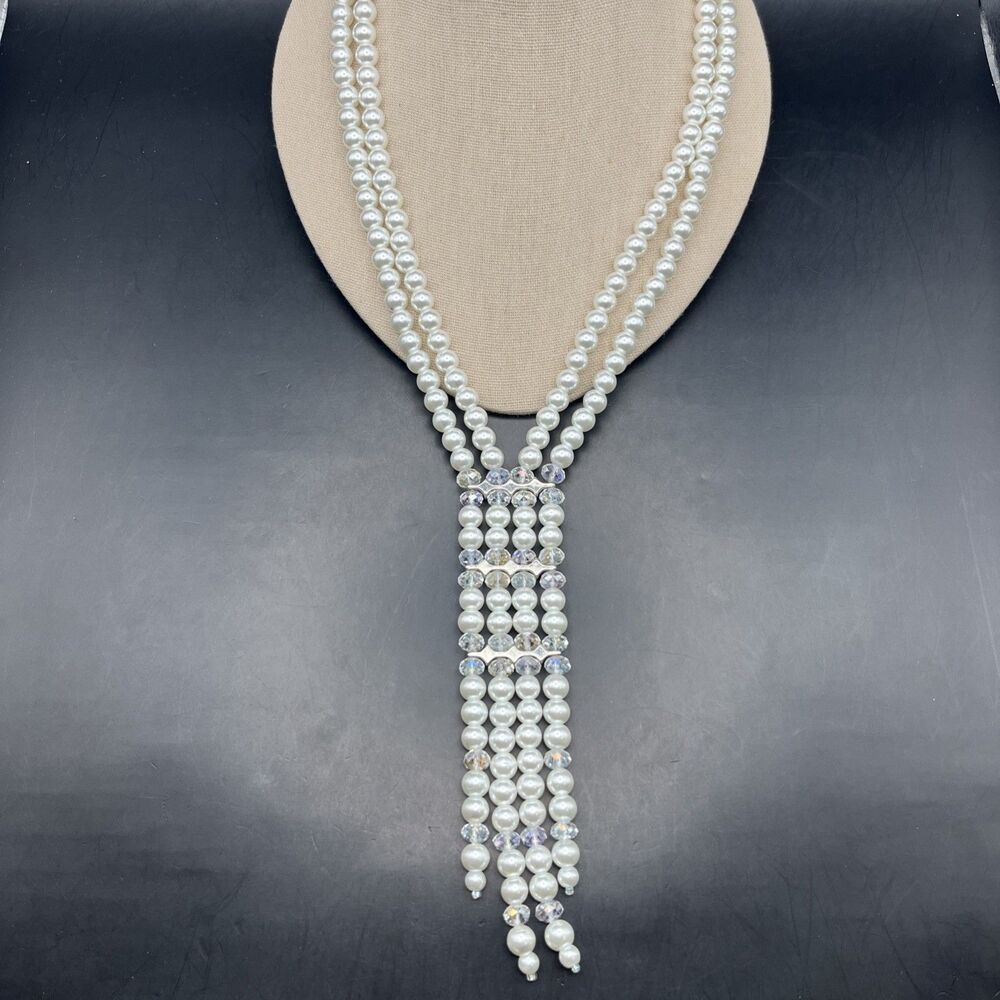Kissaka Faux Pearl Statement Necklace Multi Strand Dangling Drop AB Glass Beaded